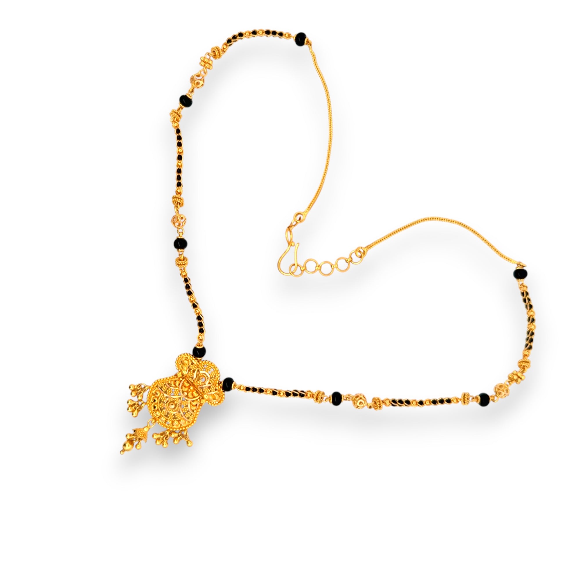 22k Gold Mangalsutra elegantly arranged showing pendant and bead pattern – Regal Jewels RJM3138B