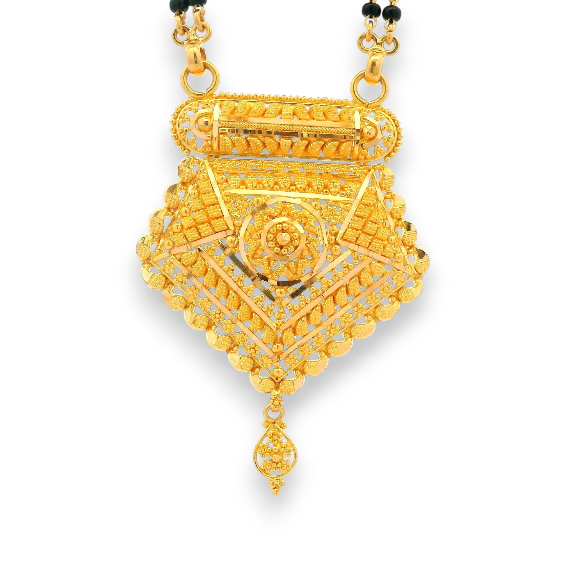 22k Gold Mangalsutra showing close-up filigree square pendant with dangling drops – Regal Jewels RJM3139A
