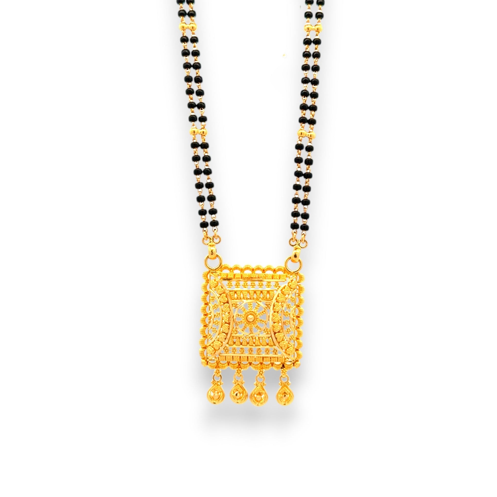 22k Gold Mangalsutra with broad rectangular filigree pendant and black beaded chain – Regal Jewels RJM3140