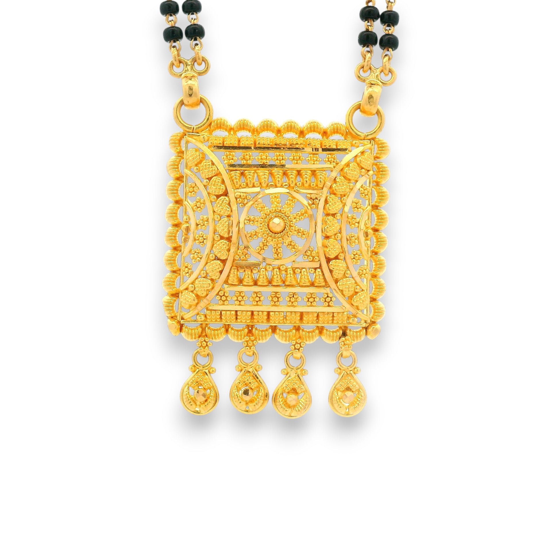 22k Gold Mangalsutra close-up of engraved pendant with intricate gold patterns – Regal Jewels RJM3140A