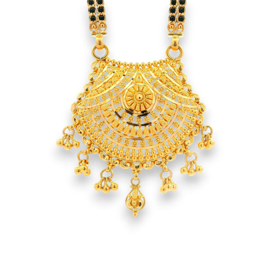 Close-up of handcrafted gold mangalsutra pendant featuring filigree detailing and hanging gold balls – RJM3142A by Regal Jewels