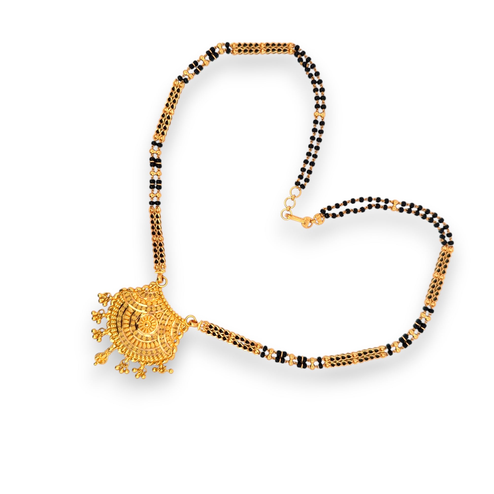 Traditional gold mangalsutra with black beads and ornate pendant design – Regal Jewels RJM3142B