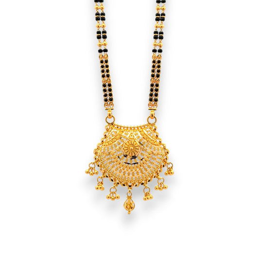 Traditional 22k gold mangalsutra with intricate pendant and dual black bead chain – Regal Jewels RJM3142