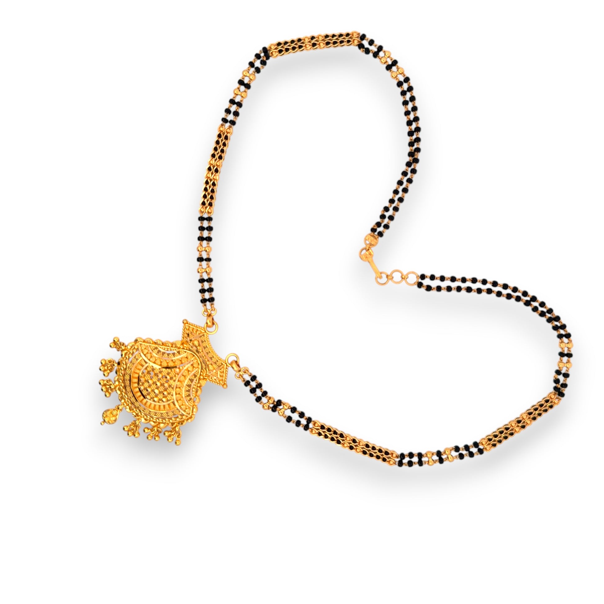 Traditional double-strand black bead mangalsutra with intricate gold pendant – Regal Jewels RJM3143B