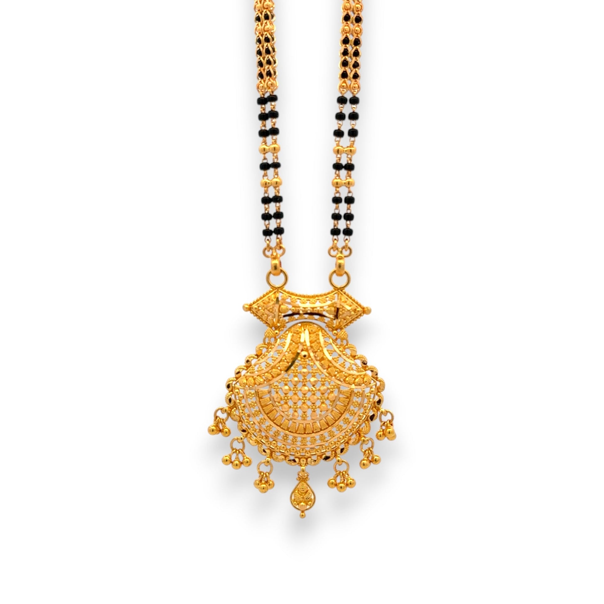 22k gold mangalsutra with ornate circular pendant and double black bead chain – Regal Jewels RJM3143