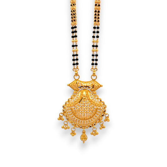 22k gold mangalsutra with ornate circular pendant and double black bead chain – Regal Jewels RJM3143