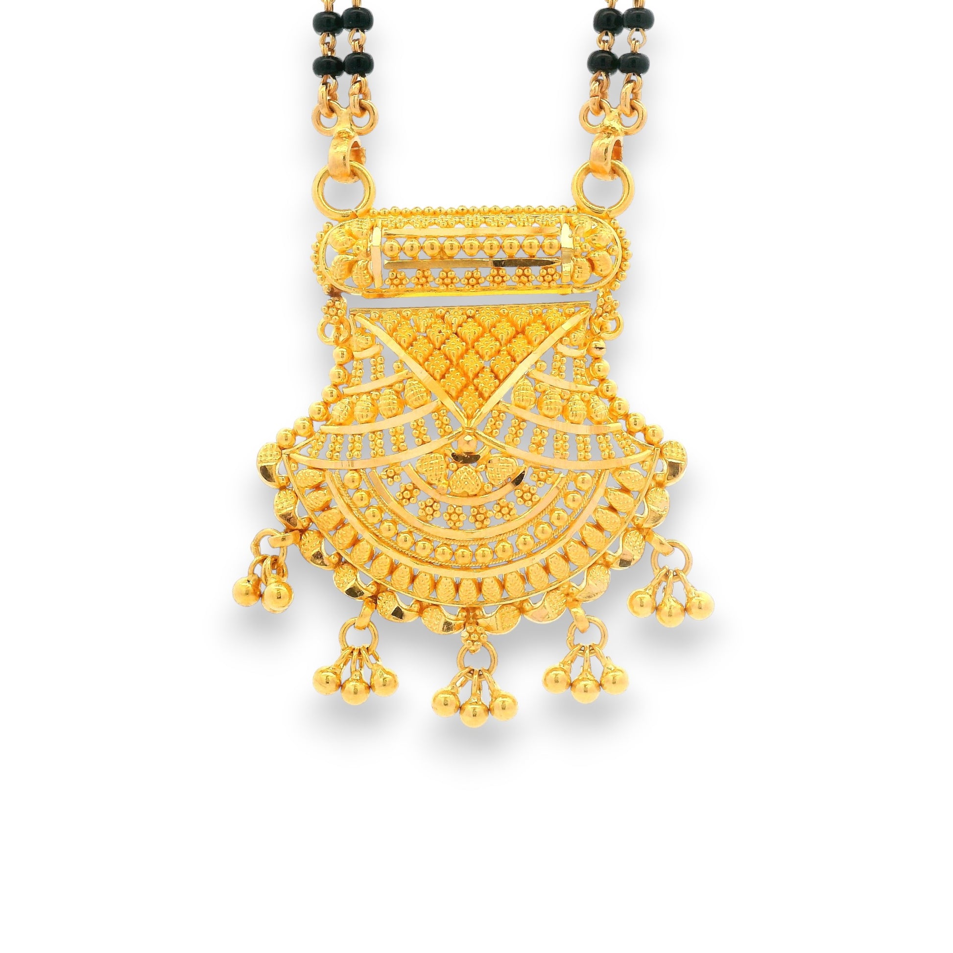 Close-up of ornamental gold pendant with lattice and bead work – RJM3144A Mangalsutra by Regal Jewels