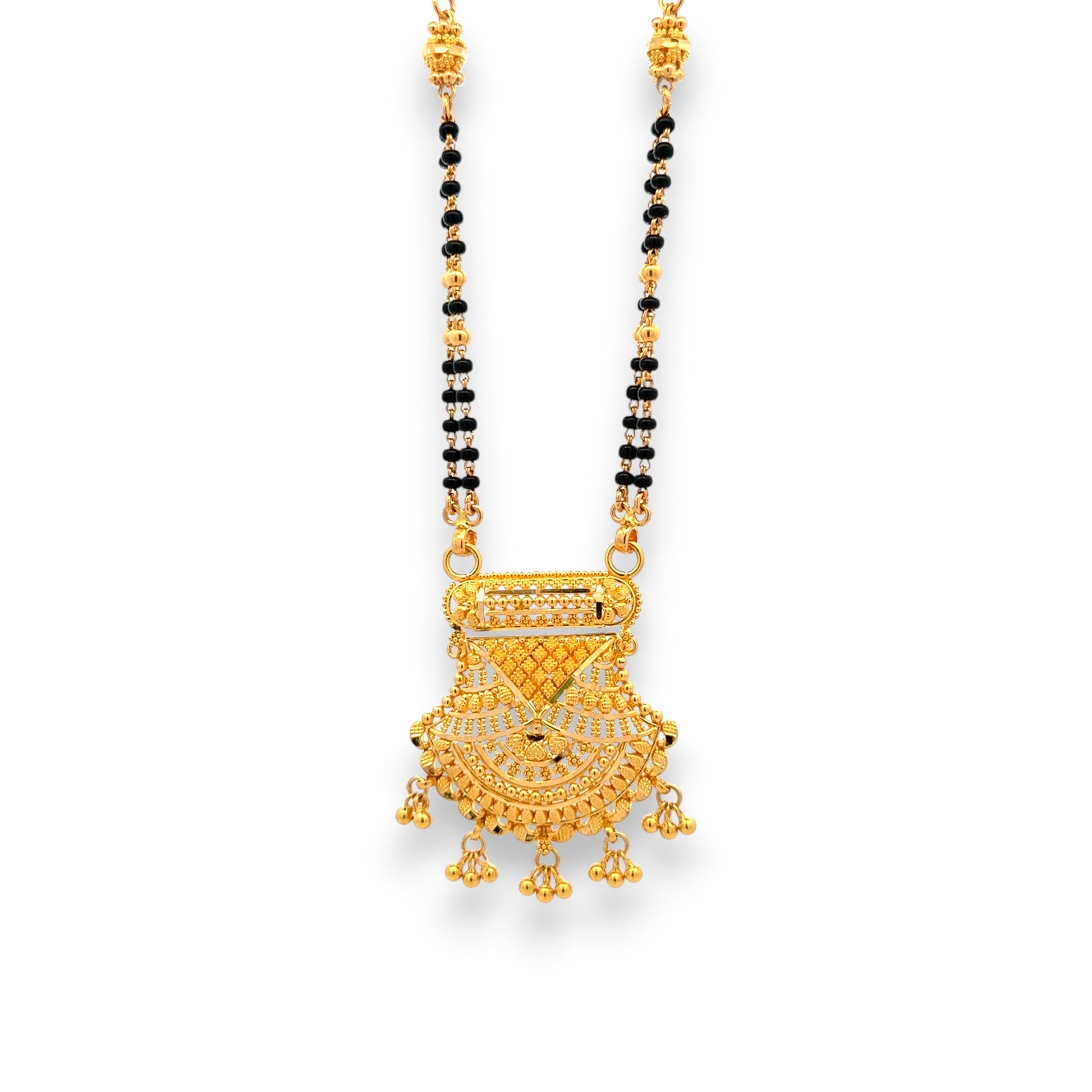 Elegant 22k gold mangalsutra with intricate pendant and twin black bead chains – Regal Jewels RJM3144