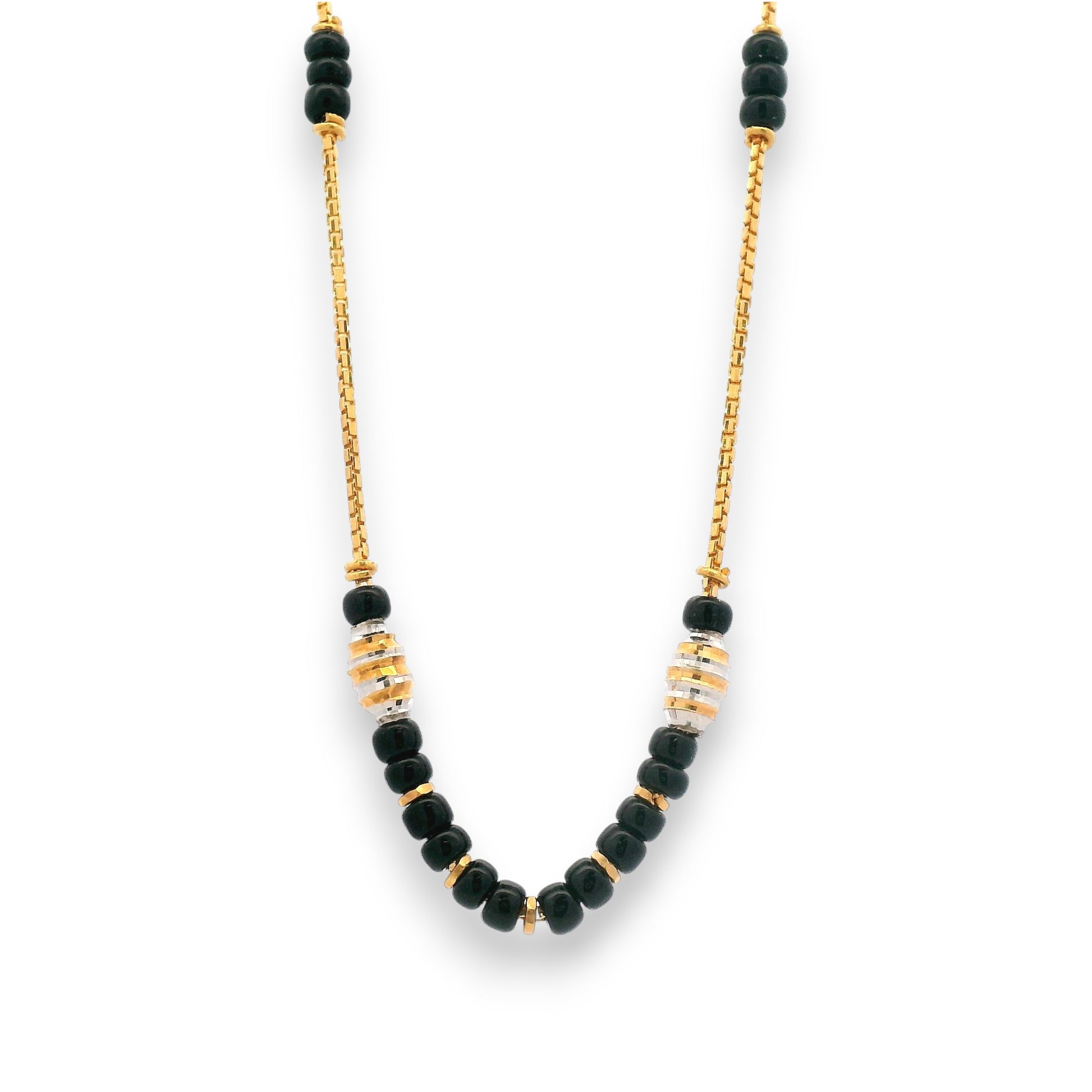 22k gold mangalsutra with black beads and dual barrel accents – Regal Jewels RJM3145A