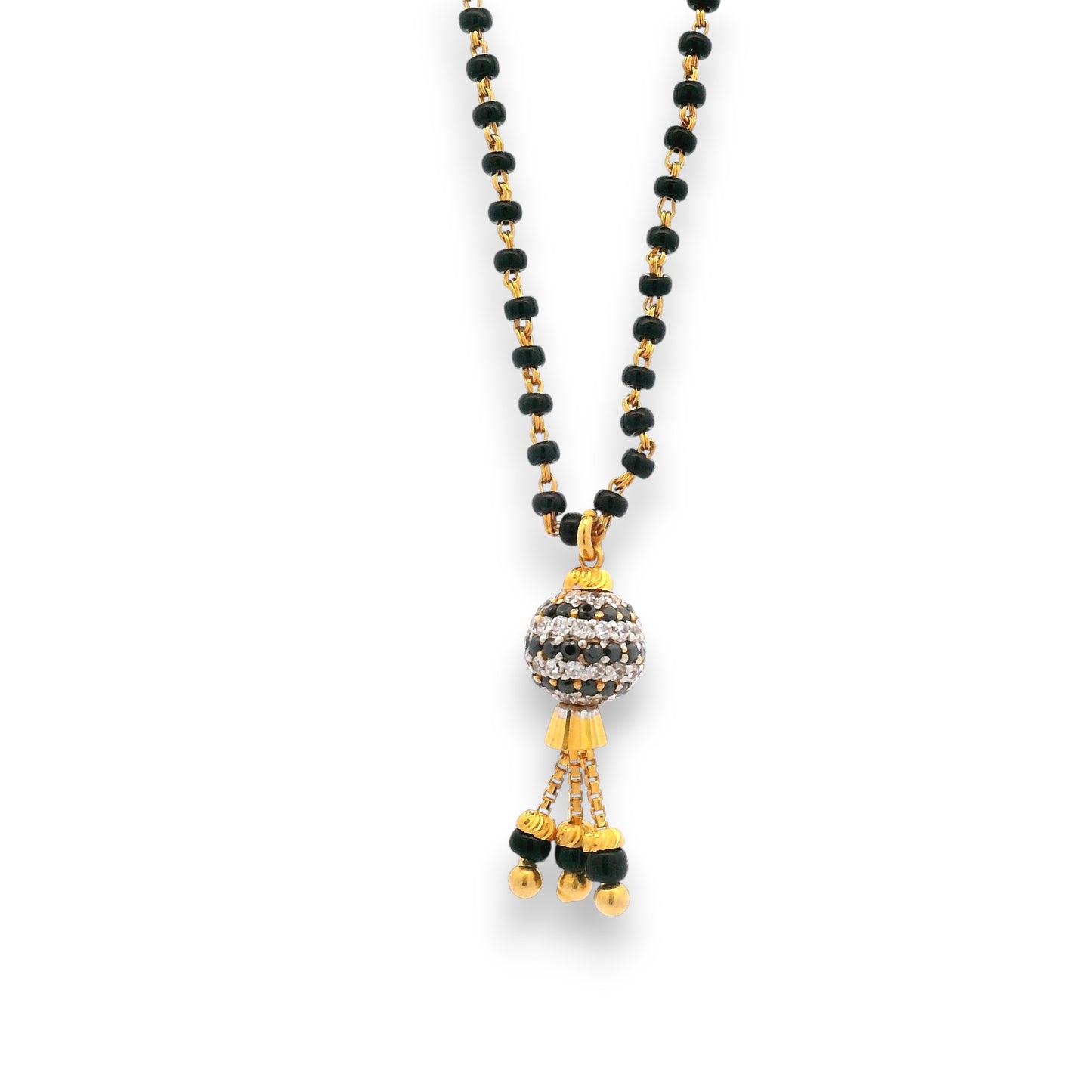 Close-up of round diamond-embellished pendant with hanging beads – RJM3147A Mangalsutra by Regal Jewels