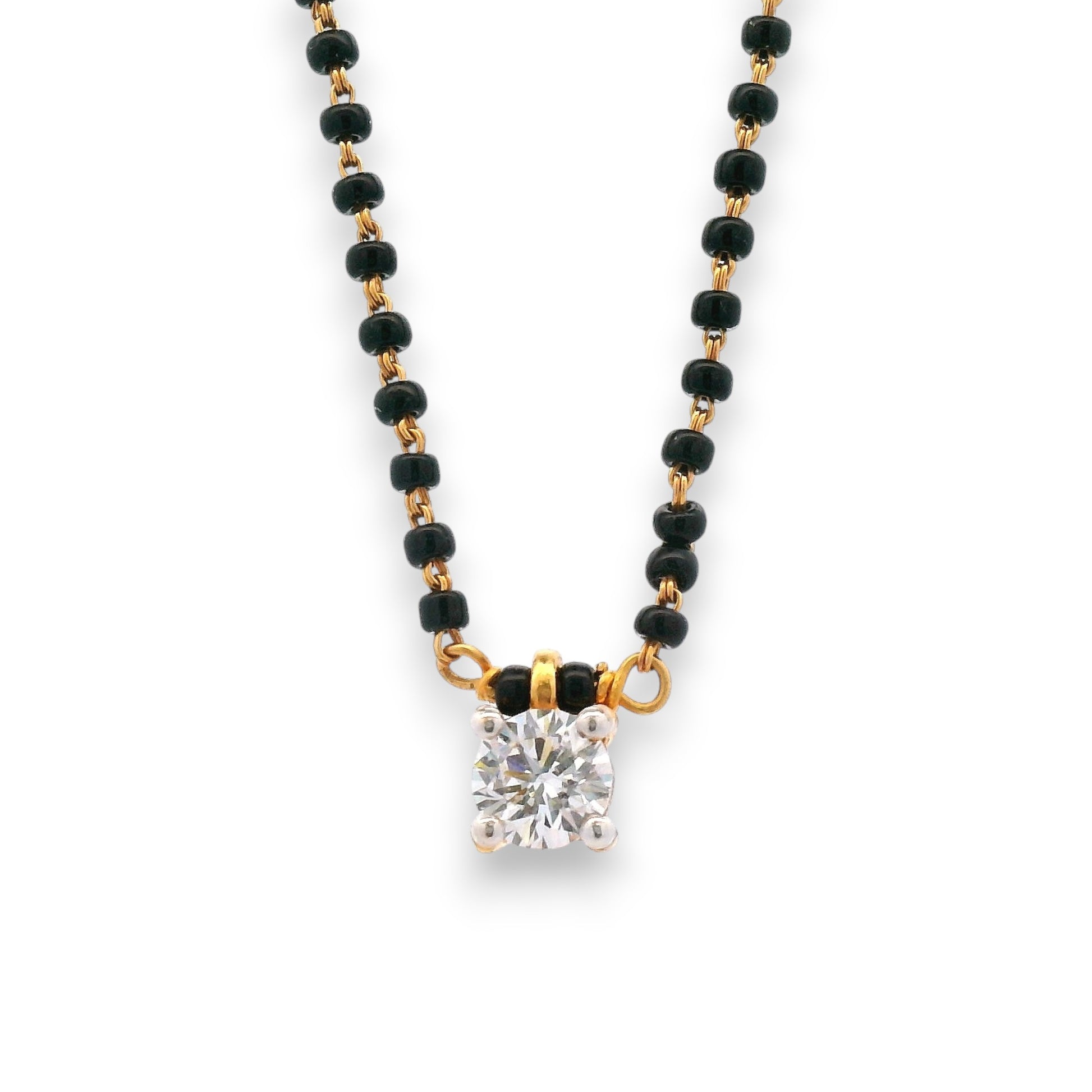 Close-up of single diamond pendant on black beaded gold chain – RJM3148A by Regal Jewels