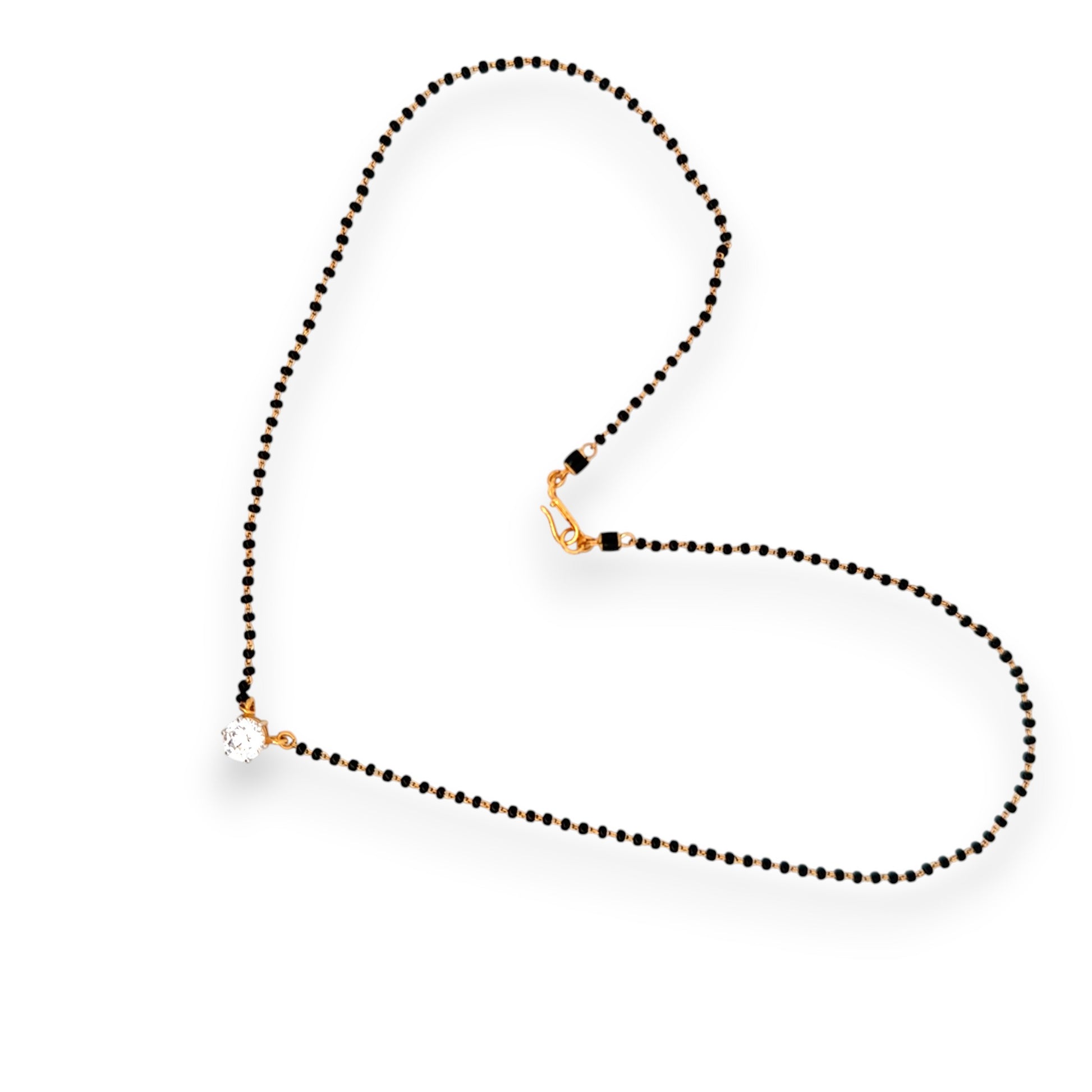 Delicate gold mangalsutra with round solitaire pendant and sleek black bead detailing – Regal Jewels RJM3149B