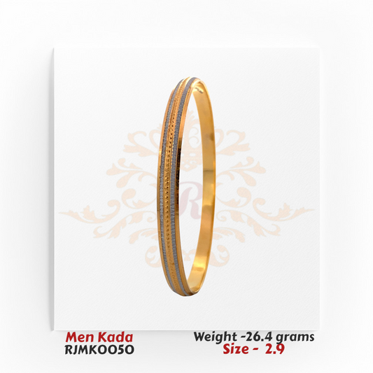 Angled view of 22kt gold men's kada featuring two-tone matte and polished contrast with fine detailed etching, RJMK0050, weight 26.4 grams, size 2.9.