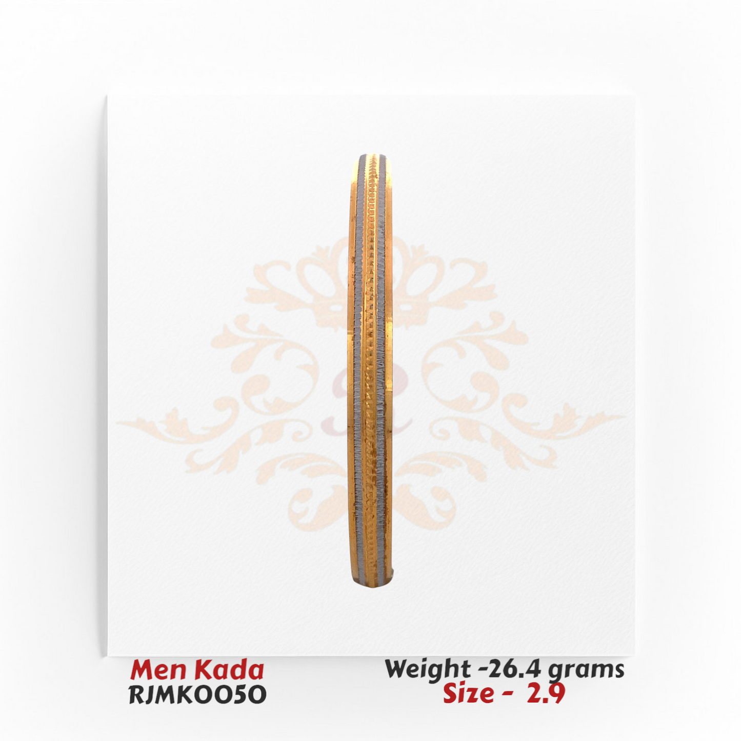22kt gold men's kada with dual-tone finish and intricate diamond-cut texture, product code RJMK0050, weight 26.4 grams, size 2.9.