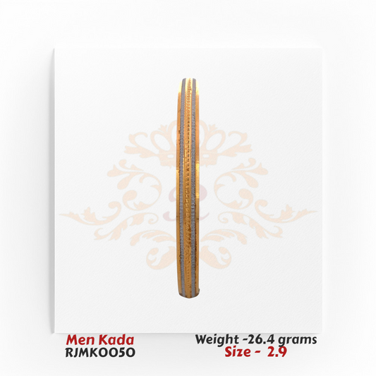 22kt gold men's kada with dual-tone finish and intricate diamond-cut texture, product code RJMK0050, weight 26.4 grams, size 2.9.