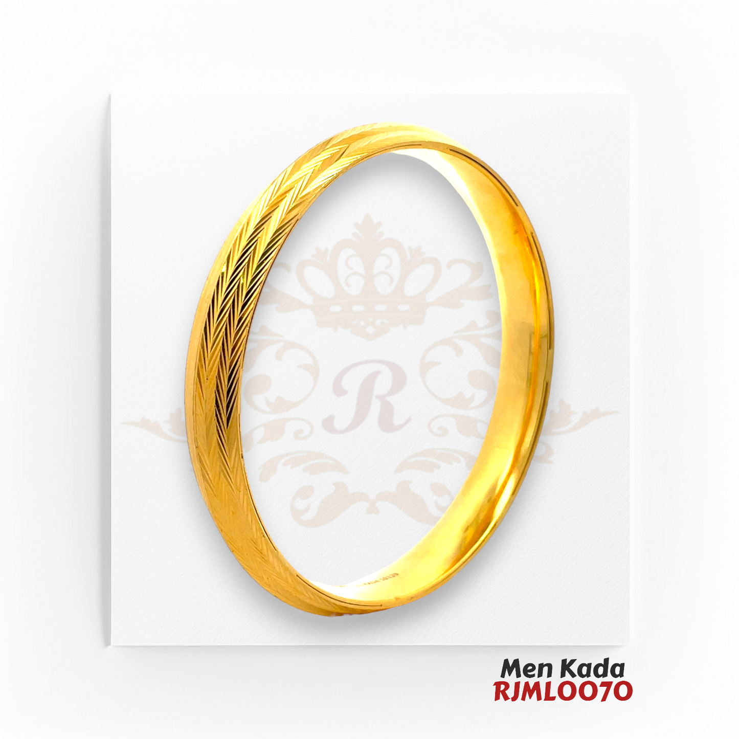 22kt Gold Men's Kada RJMLO070 – A 58.10-gram gold kada with a 2.13-inch diameter, featuring a detailed chevron-engraved design. A bold statement piece for men, available at Regal Jewels.