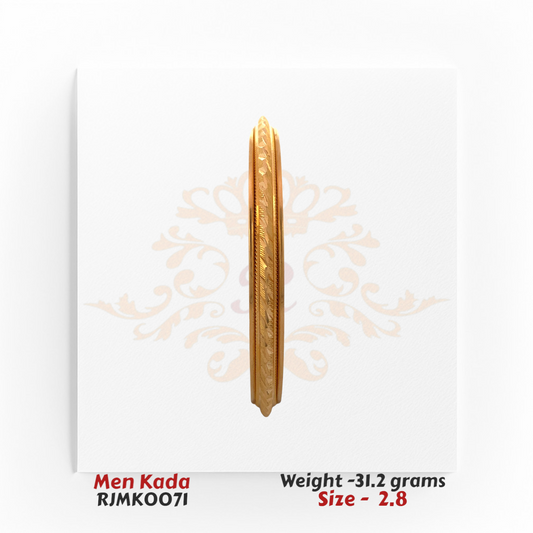 22kt gold men’s kada with tapered design and feathered engraving down the centerline, product code RJMK0071, weight 31.2 grams, size 2.8.