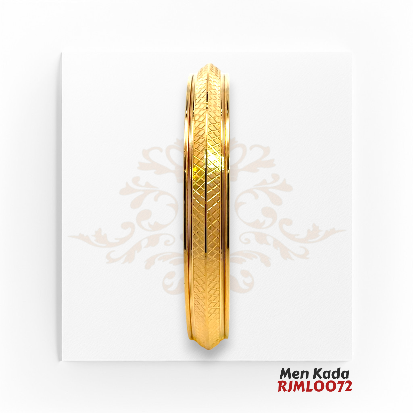 22kt Gold Men's Kada RJMLO072 – A 47.50-gram traditional gold kada with a 2.13-inch diameter, featuring a refined crosshatch pattern and sleek gold accents. A perfect blend of tradition and elegance, available at Regal Jewels.