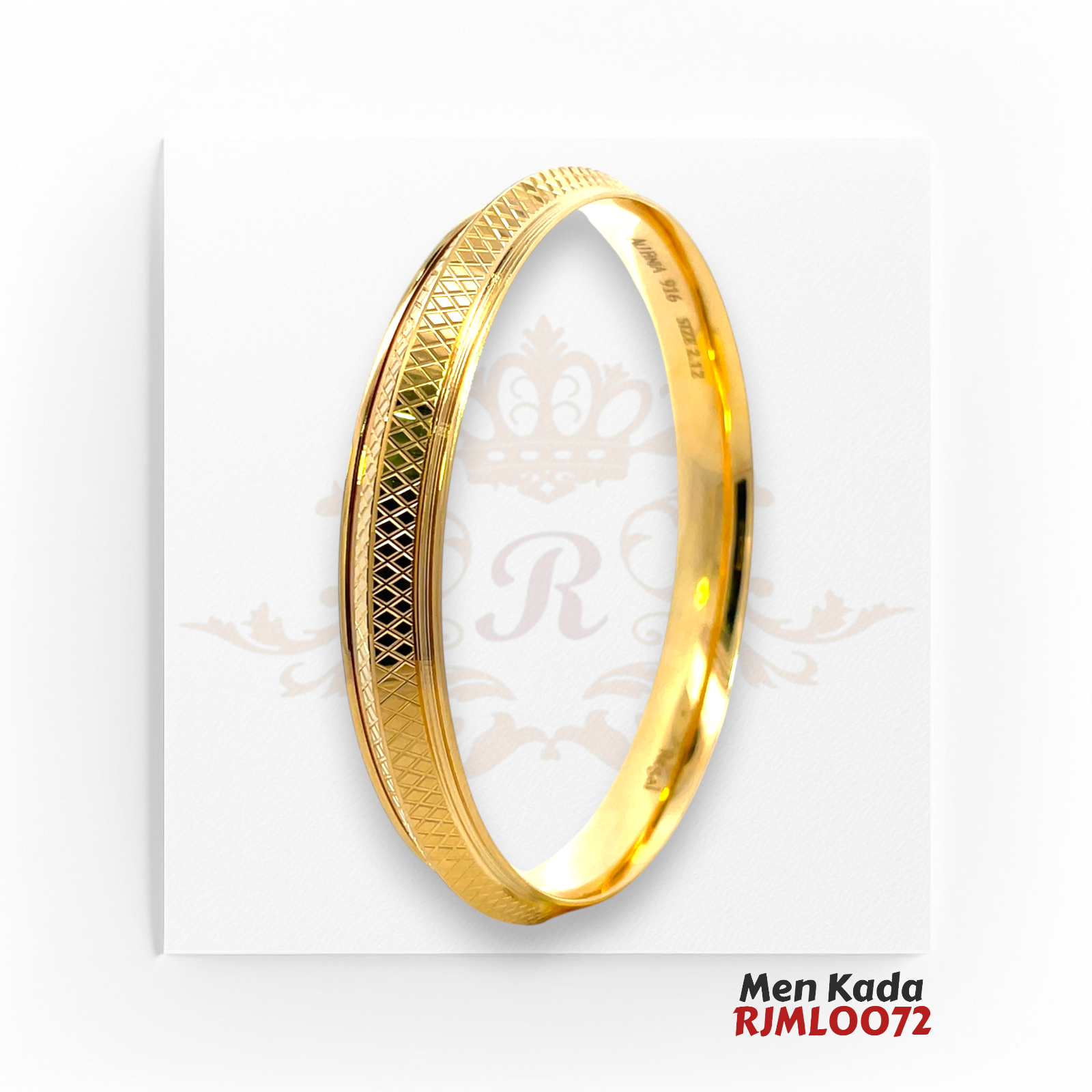 22kt Gold Men's Kada RJMLO072 – A 47.50-gram traditional gold kada with a 2.13-inch diameter, featuring a refined crosshatch pattern and sleek gold accents. A perfect blend of tradition and elegance, available at Regal Jewels.