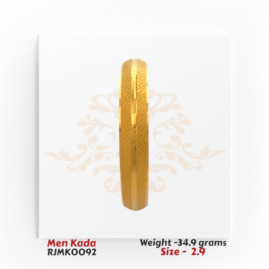 22kt gold men's kada with subtle textured chevron pattern and high-polish center groove, product code RJMK0092, weight 34.9 grams, size 2.9.
