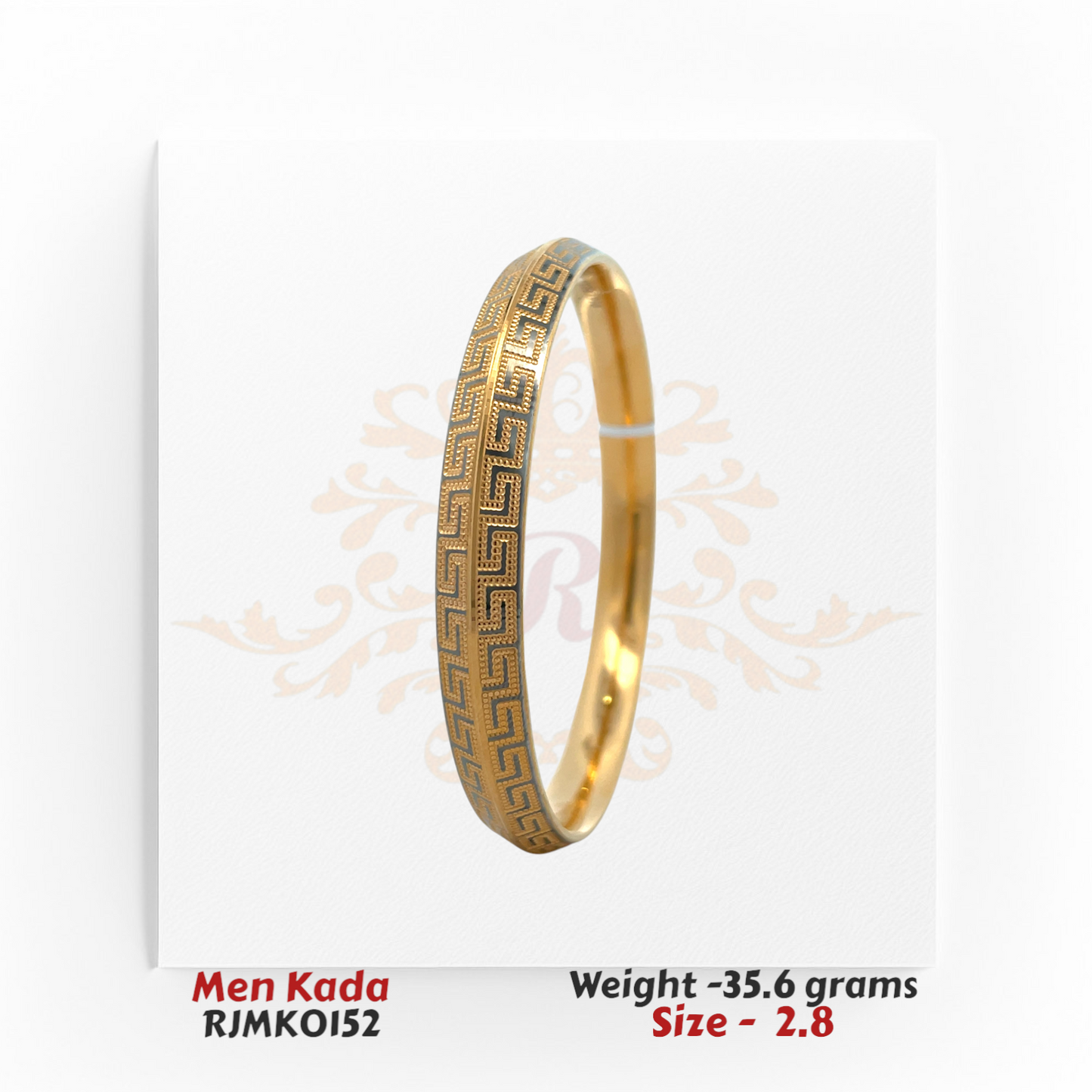 Angled view of RJMK0152 men’s gold kada featuring a detailed Greek key pattern, a brushed outer texture, and a smooth polished interior, size 2.8.