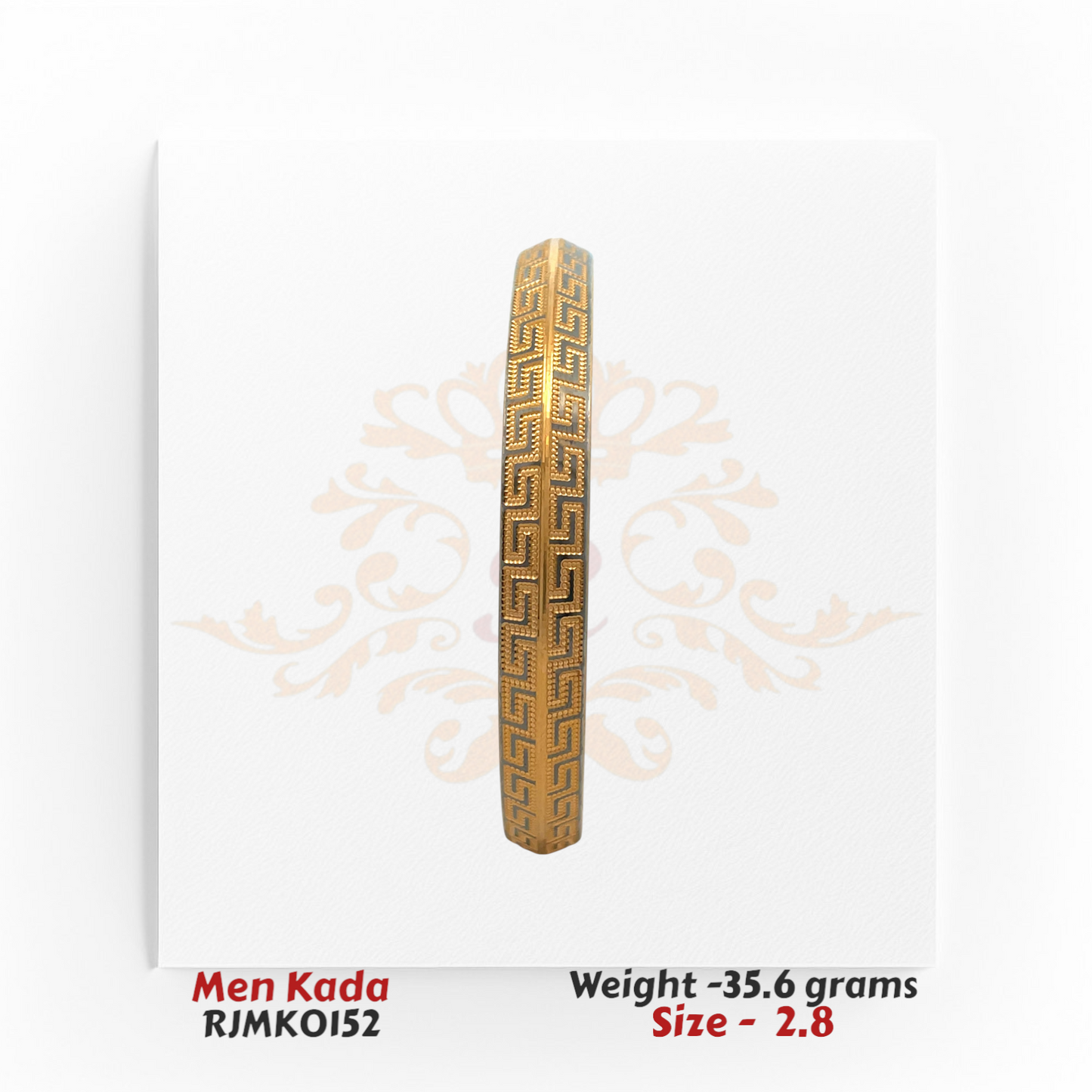 22kt gold men's kada with engraved Greek key pattern and textured finish, product code RJMK0152, weight 35.6 grams, size 2.8.