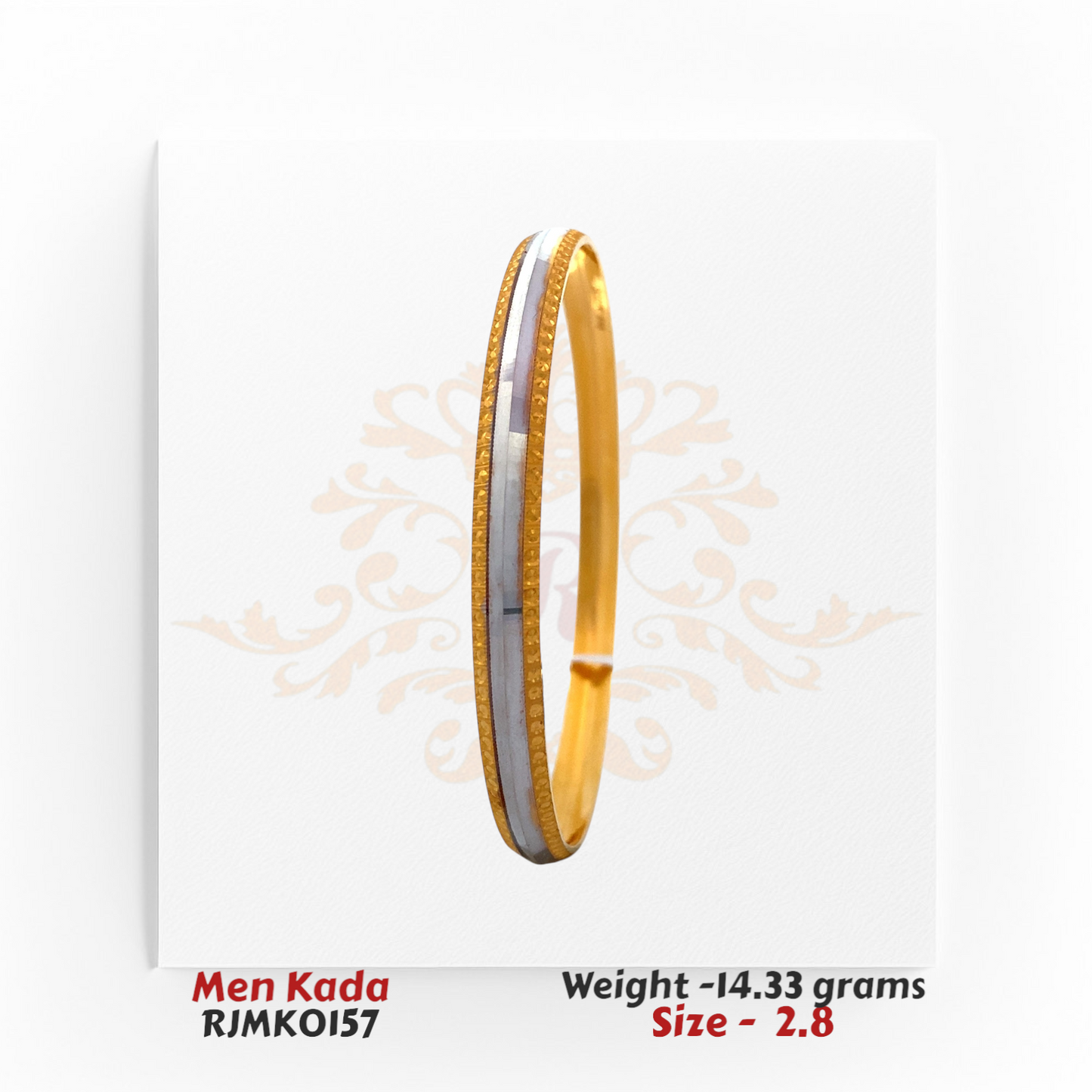 Men’s 22kt gold kada featuring a dual-tone design with a prominent central rhodium band. Product code RJMK0157, weight 14.33 grams, size 2.8.
