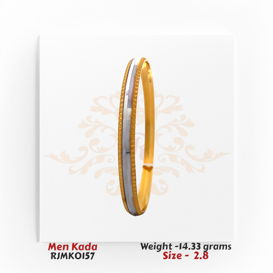 Men’s 22kt gold kada featuring a dual-tone design with a prominent central rhodium band. Product code RJMK0157, weight 14.33 grams, size 2.8.