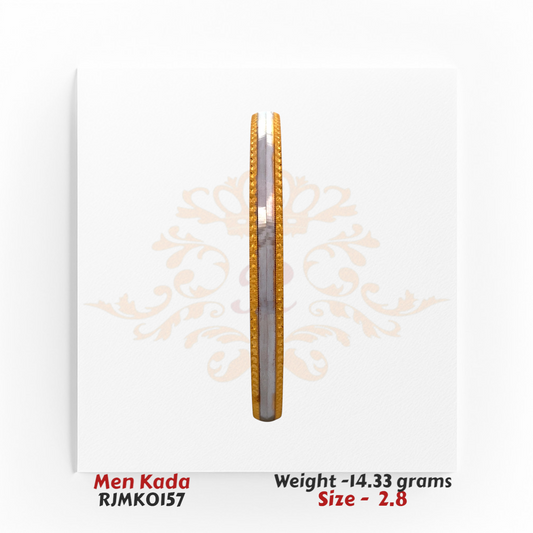 22kt gold men's kada with dual-tone finish and central rhodium band, product code RJMK0157, weight 14.33 grams, size 2.8.