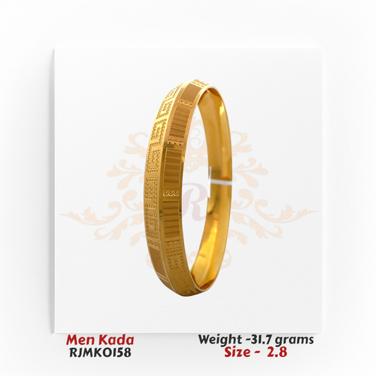 Men’s 22kt gold kada showcasing a striking geometric design with fine detailing for a bold, distinguished look. Product code RJMK0158, weight 31.7 grams, size 2.8.