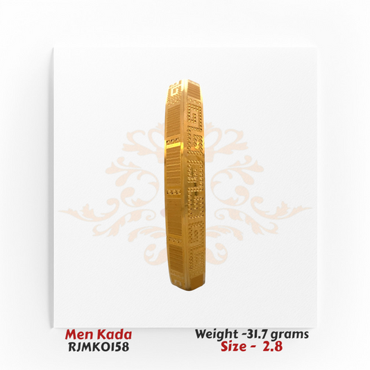 22kt gold men's kada featuring a bold geometric motif with intricate detailing, product code RJMK0158, weight 31.7 grams, size 2.8.