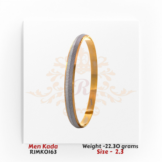 Men’s 22kt gold kada featuring a matte rhodium-finish center accented by sleek polished gold borders. Product code RJMK0163, weight 22.30 grams, size 2.3.