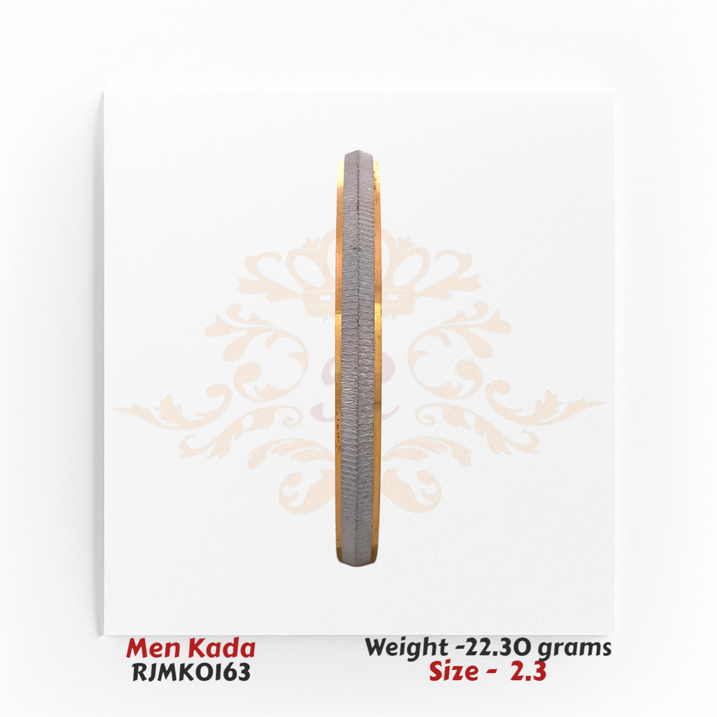 22kt gold men’s kada with matte rhodium-finish center and polished gold borders, product code RJMK0163, weight 22.30 grams, size 2.3.