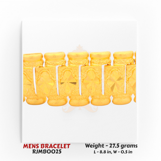 Detailed view of 22kt Gold Men's Bracelet RJMB0025 showing textured floral link pattern and fine craftsmanship by Regal Jewels Chicago.