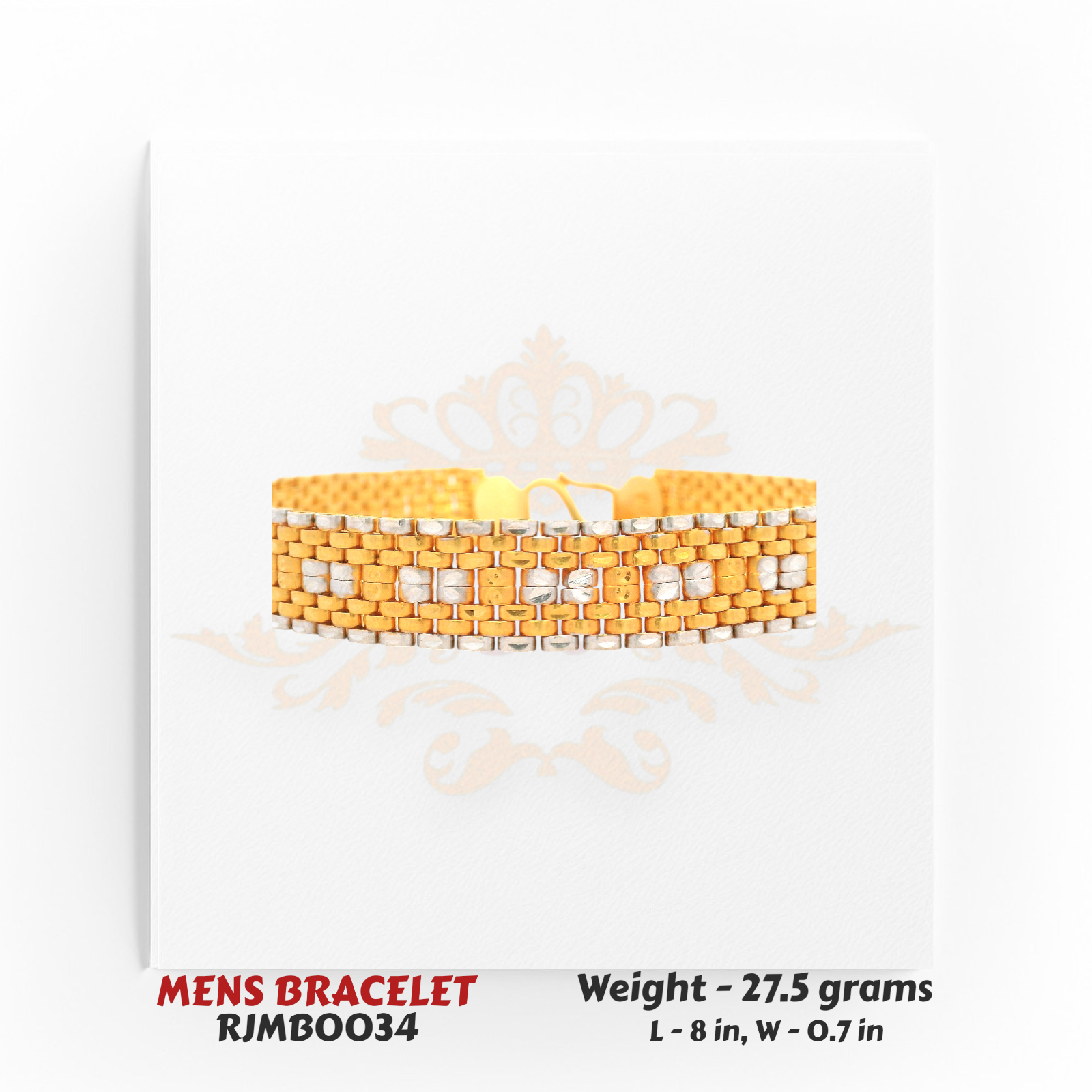 Close view of 22kt Dual-Tone Men's Bracelet RJMB0034 highlighting intricate woven gold pattern and lustrous polish by Regal Jewels Chicago.