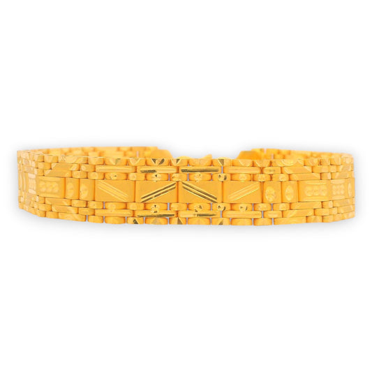 Stylish 22kt gold men’s bracelet with geometric rectangular link design and textured finish – RJMB0035.