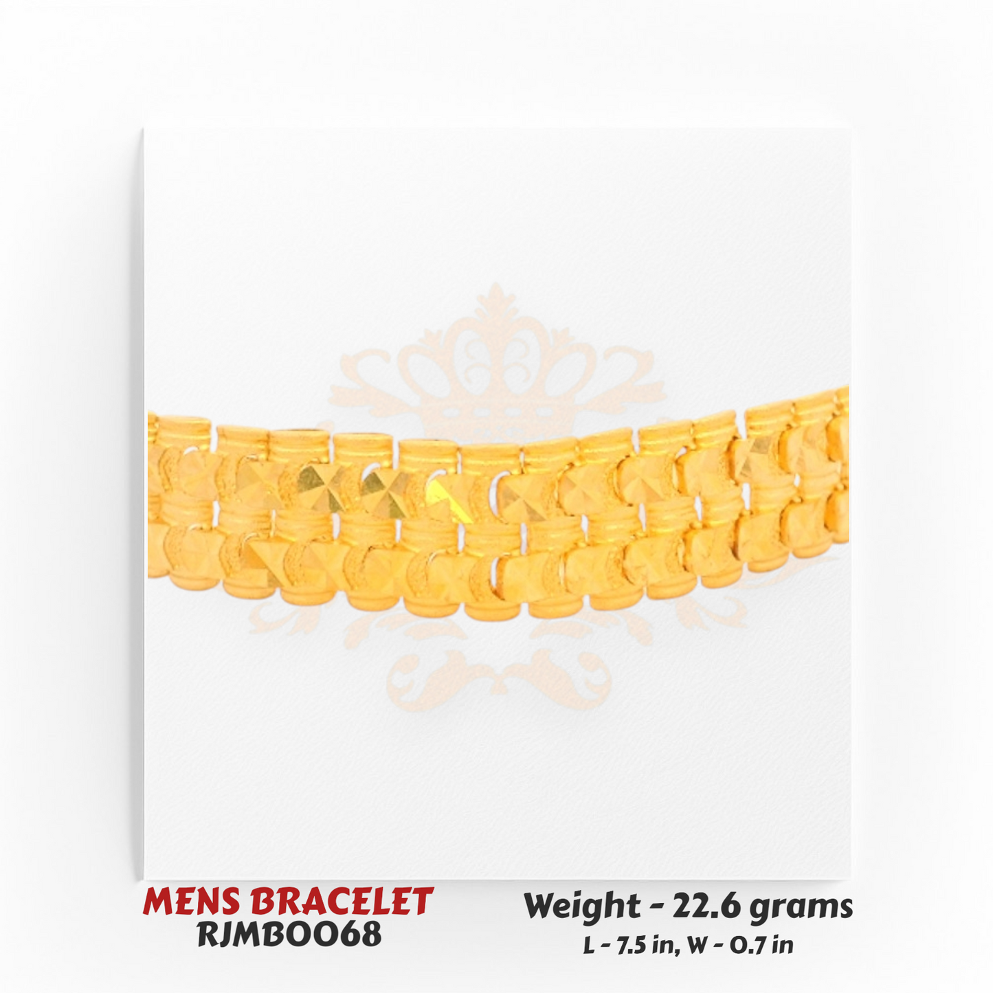 Close-up of 22kt Gold Men's Bracelet RJMB0068 showing interlocking gold link pattern with glossy finish by Regal Jewels Chicago.