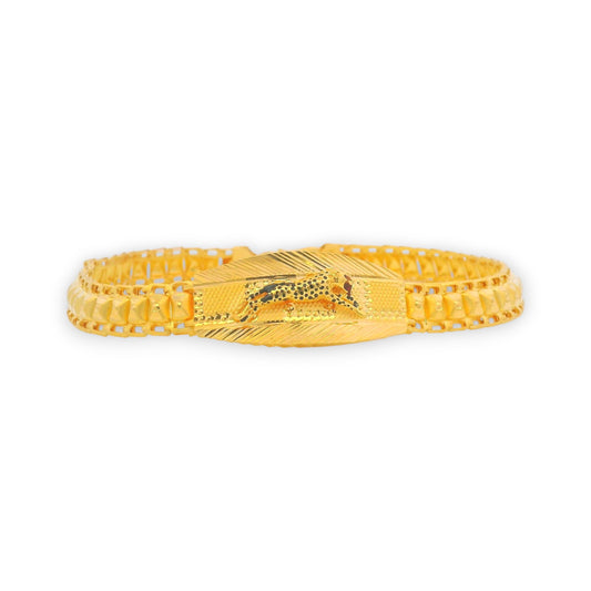 Elegant 22kt gold men’s bracelet with running leopard centerpiece and textured link design, perfect for stylish daily wear – RJMB0082.