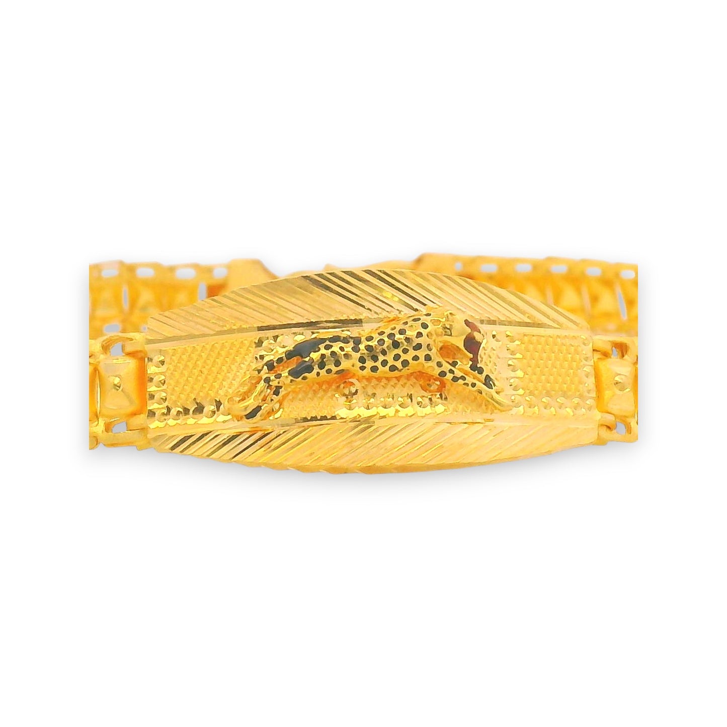 Close-up of 22kt gold men’s bracelet links with detailed textured finish for strength and elegance – RJMB0082.