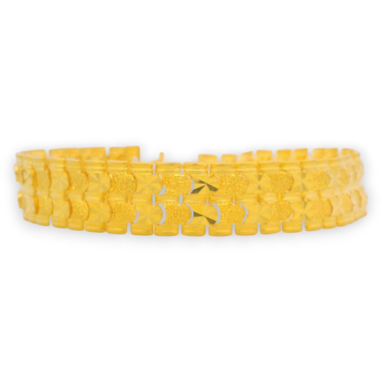 Elegant 22kt gold men’s bracelet with unique half-moon textured link design and polished detailing – RJMB0093.