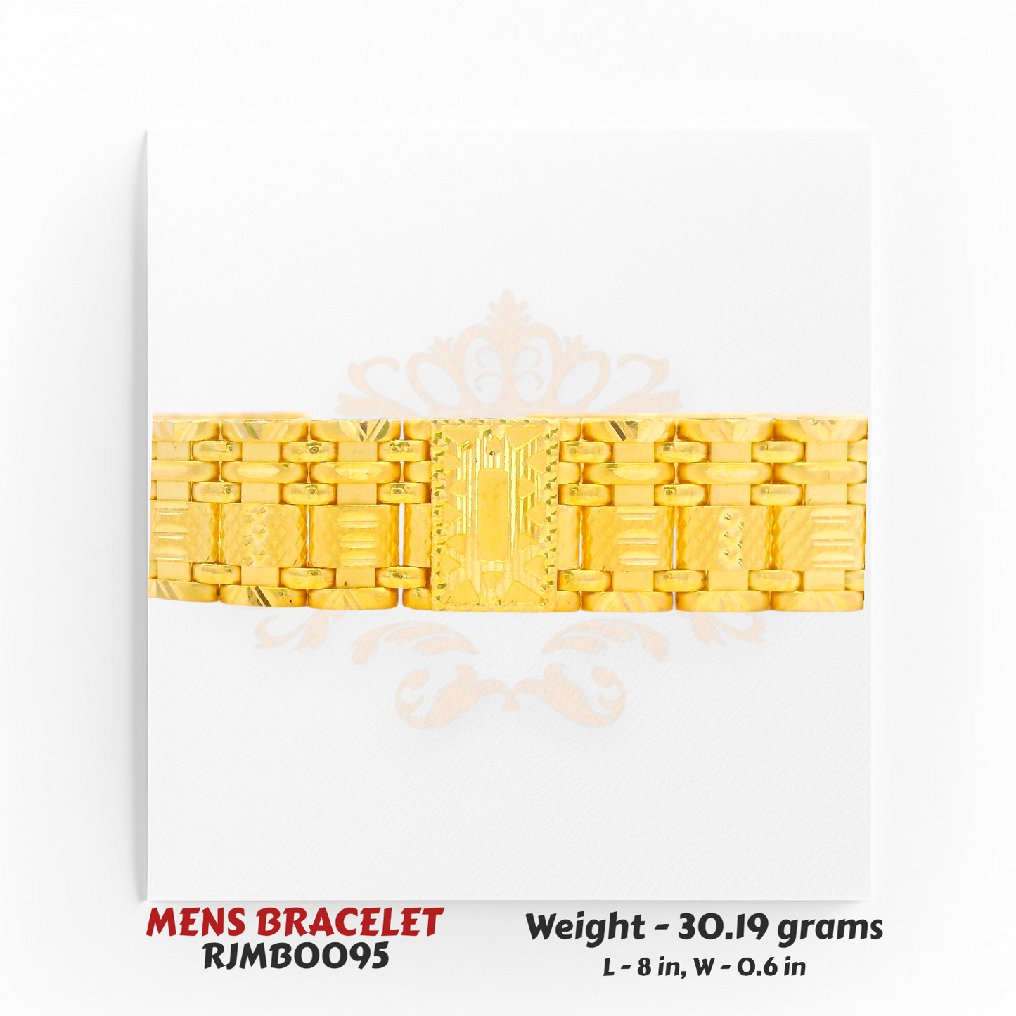 Center design of 22kt Gold Men's Bracelet RJMB0095 featuring textured rectangular motifs and high-shine polish by Regal Jewels Chicago.