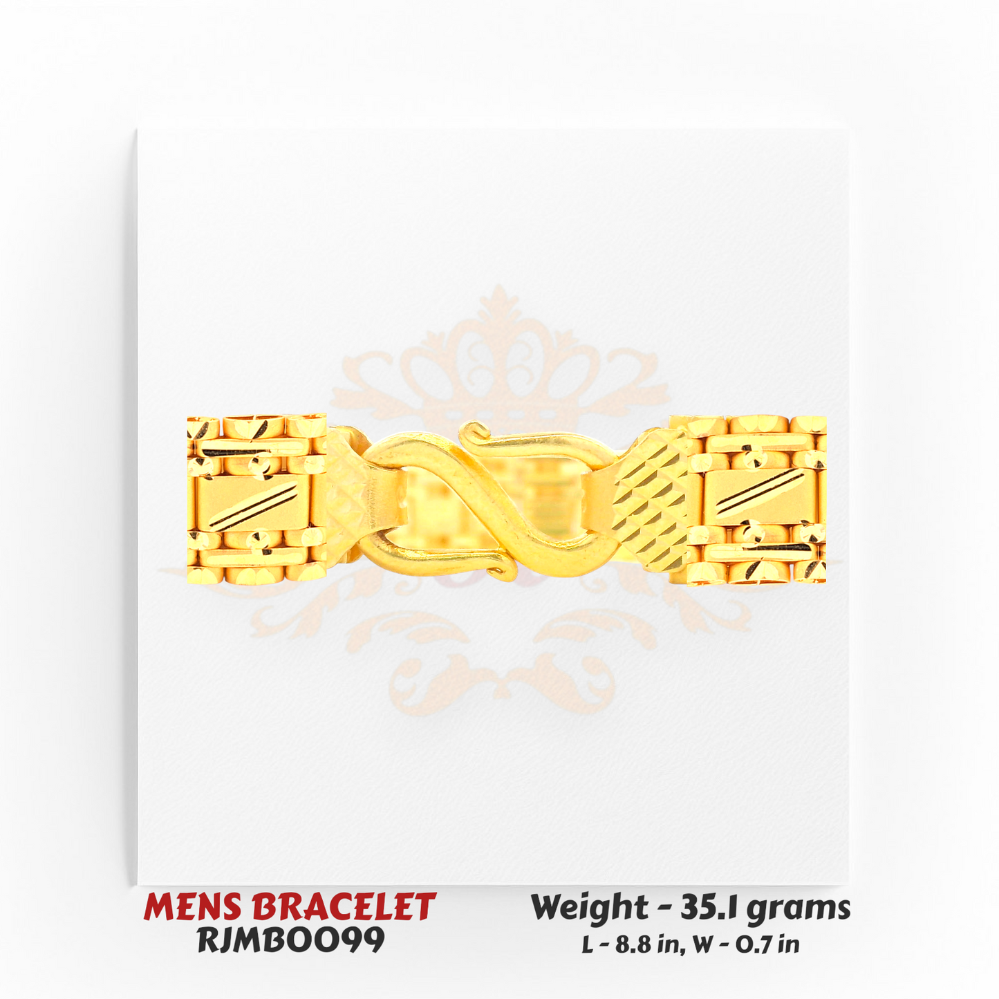 22kt Gold Men’s Bracelet – Geometric Patterned Link Design – 35.1 gm, 8.8 in (RJMB0099)