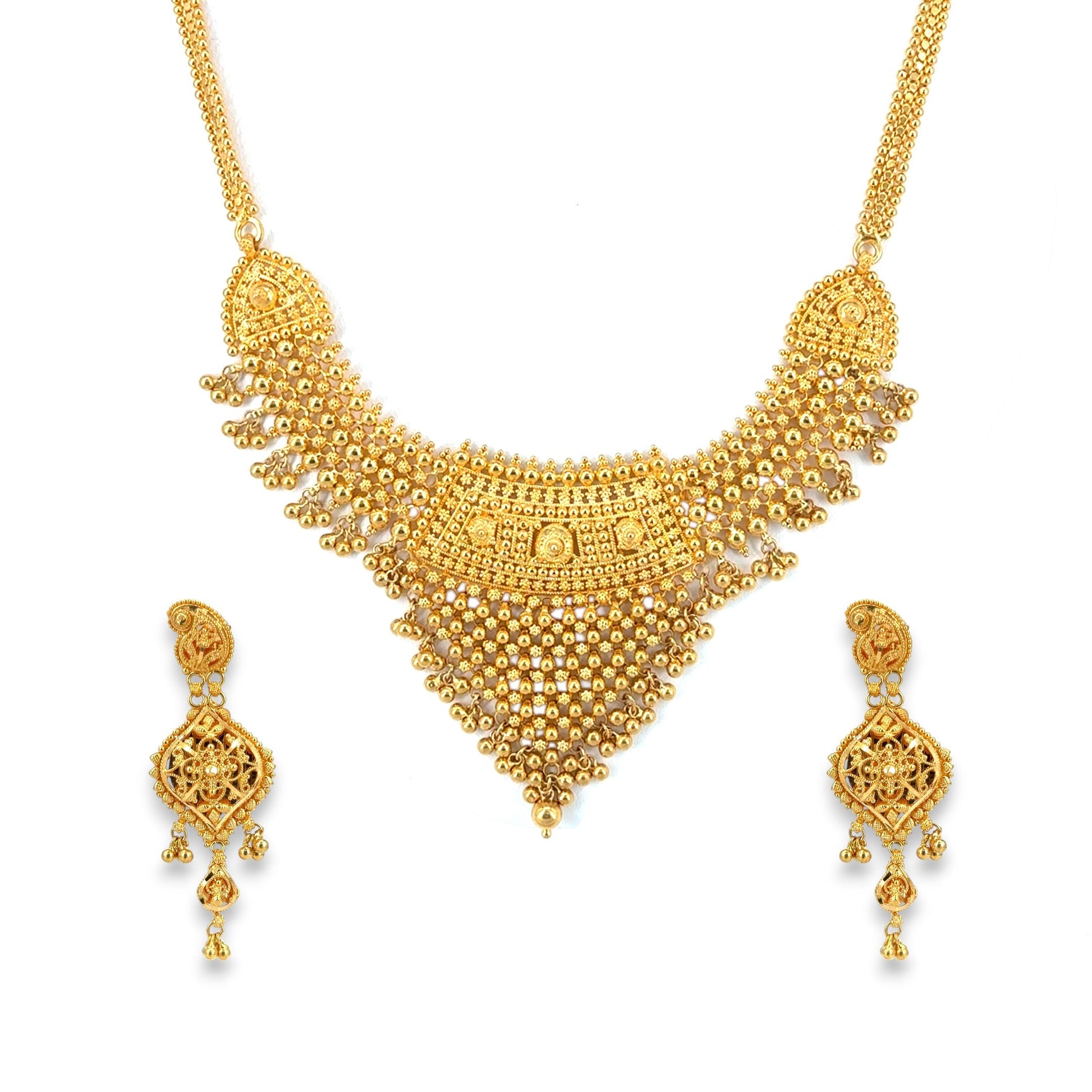 22kt Gold Bridal Necklace Set with Antique Bead and Motif Design – 58 gm – RJOMS3021 – Regal Jewels Chicago