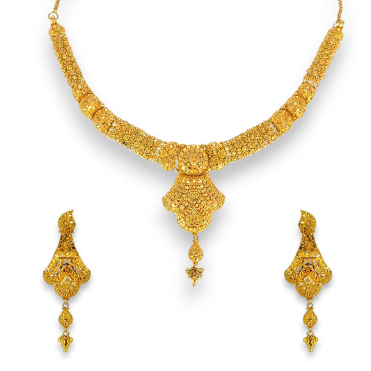22kt gold bridal necklace set RJOMS3022 with inspired design, intricate gold beads, and matching long drop earrings – Regal Jewels Chicago