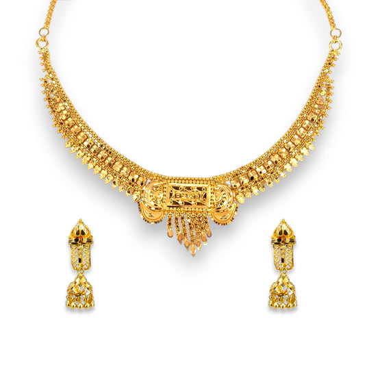 22kt Gold Bridal Necklace Set with Rectangular Motif and Fringe Detailing – 27.80 gm – RJOMS3023 – Regal Jewels Chicago