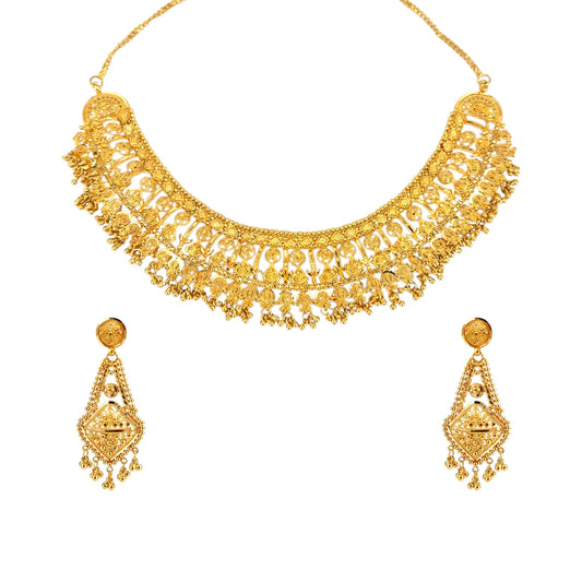 22kt Gold Bridal Necklace Set with Antique Floral Filigree and Cascading Drop Design – 88.99 gm – RJOMS3024 – Regal Jewels Chicago