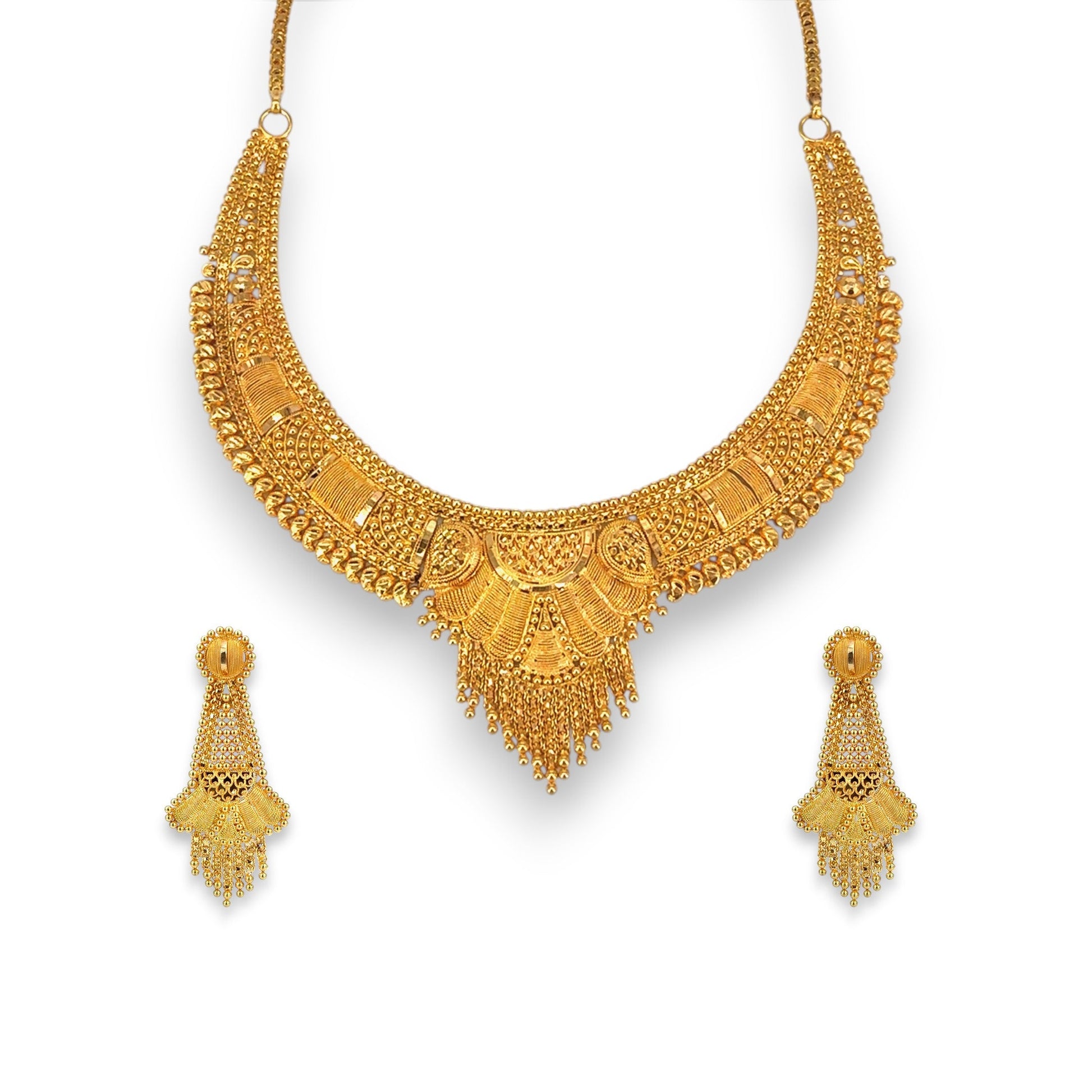 22kt Gold Bridal Necklace Set with Antique Fan Motif Choker Design – 53.85 gm – RJOMS3025 – Regal Jewels Chicago