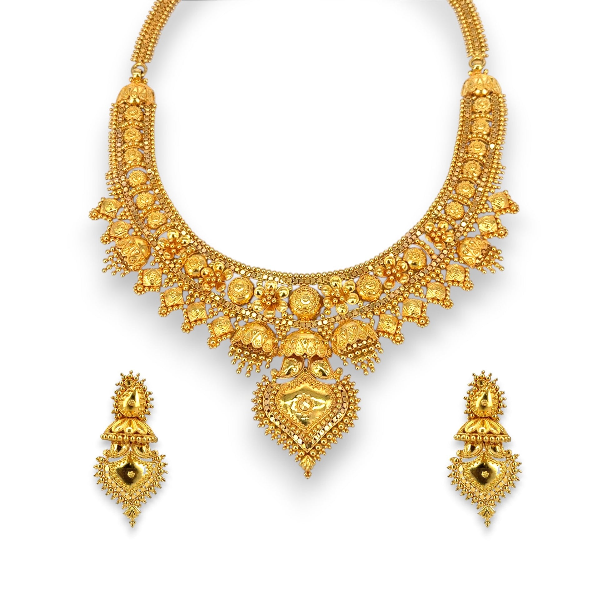 22kt Gold Bridal Necklace Set with Temple-Inspired Floral and Heart Pendant Design – 89.13 gm – RJOMS3026 – Regal Jewels Chicago