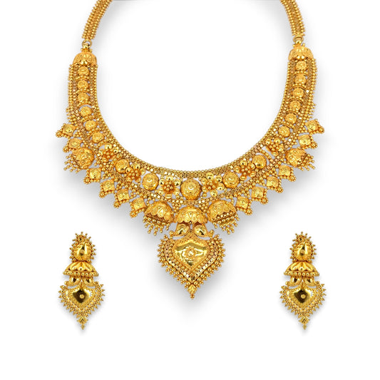 22kt Gold Bridal Necklace Set with Temple-Inspired Floral and Heart Pendant Design – 89.13 gm – RJOMS3026 – Regal Jewels Chicago