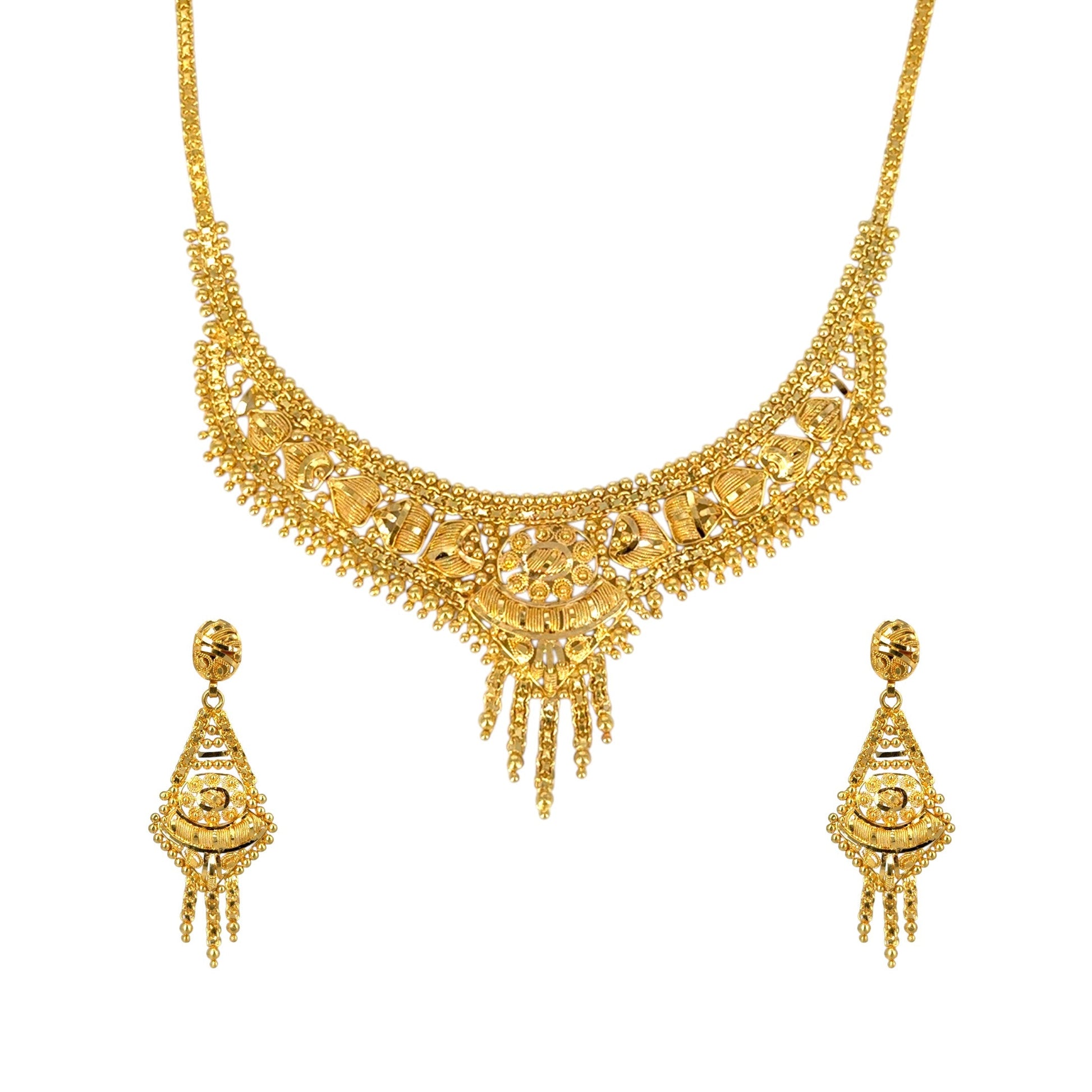 22kt gold bridal necklace set with antique finish, featuring handcrafted floral motifs, layered beadwork, and matching triangular jhumka earrings – 32.33 gm (RJOMS3028), handcrafted by Regal Jewels Chicago.